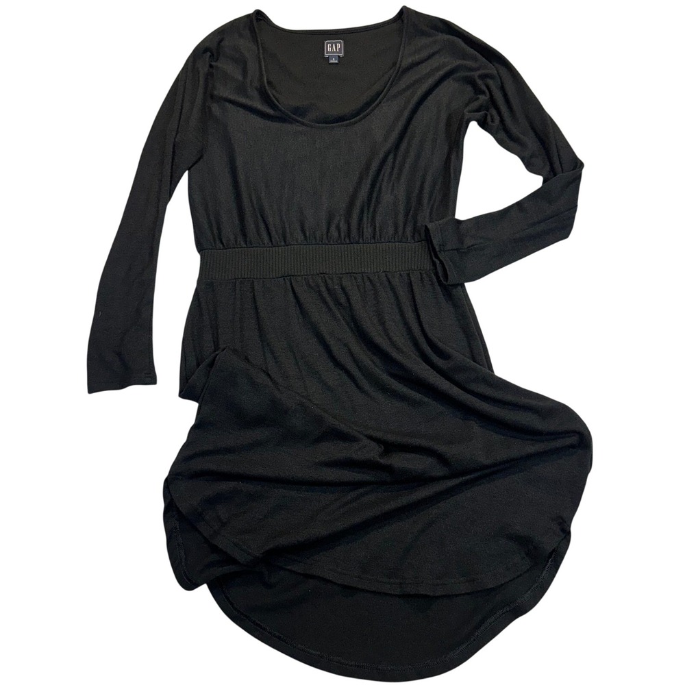 GAP Women Black Long Sleeve Scoop Neck Elastic Waist High Low Midi Dress Small